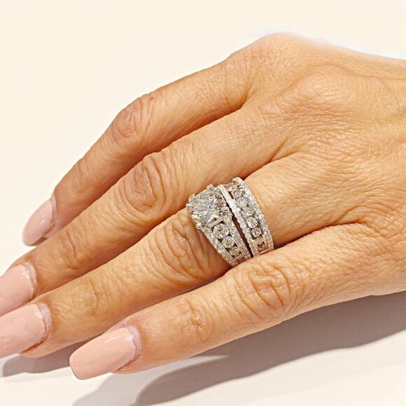 💝 Eternity Full CZ Diamonds Silver Plated Couple Chunky Ring Set, UNVN12286 - Picture 3 of 9